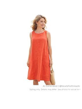 Coral Linen Shift Dress Coastal Chic Minimalist Midi Pockets M